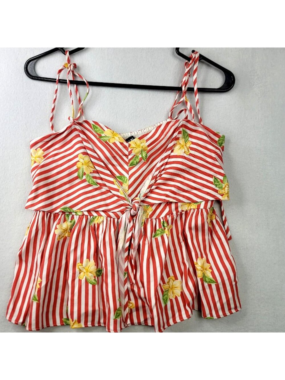Miss Me Peplum Striped Floral Tie Top M Multi Red Coquette Romantic Babydoll